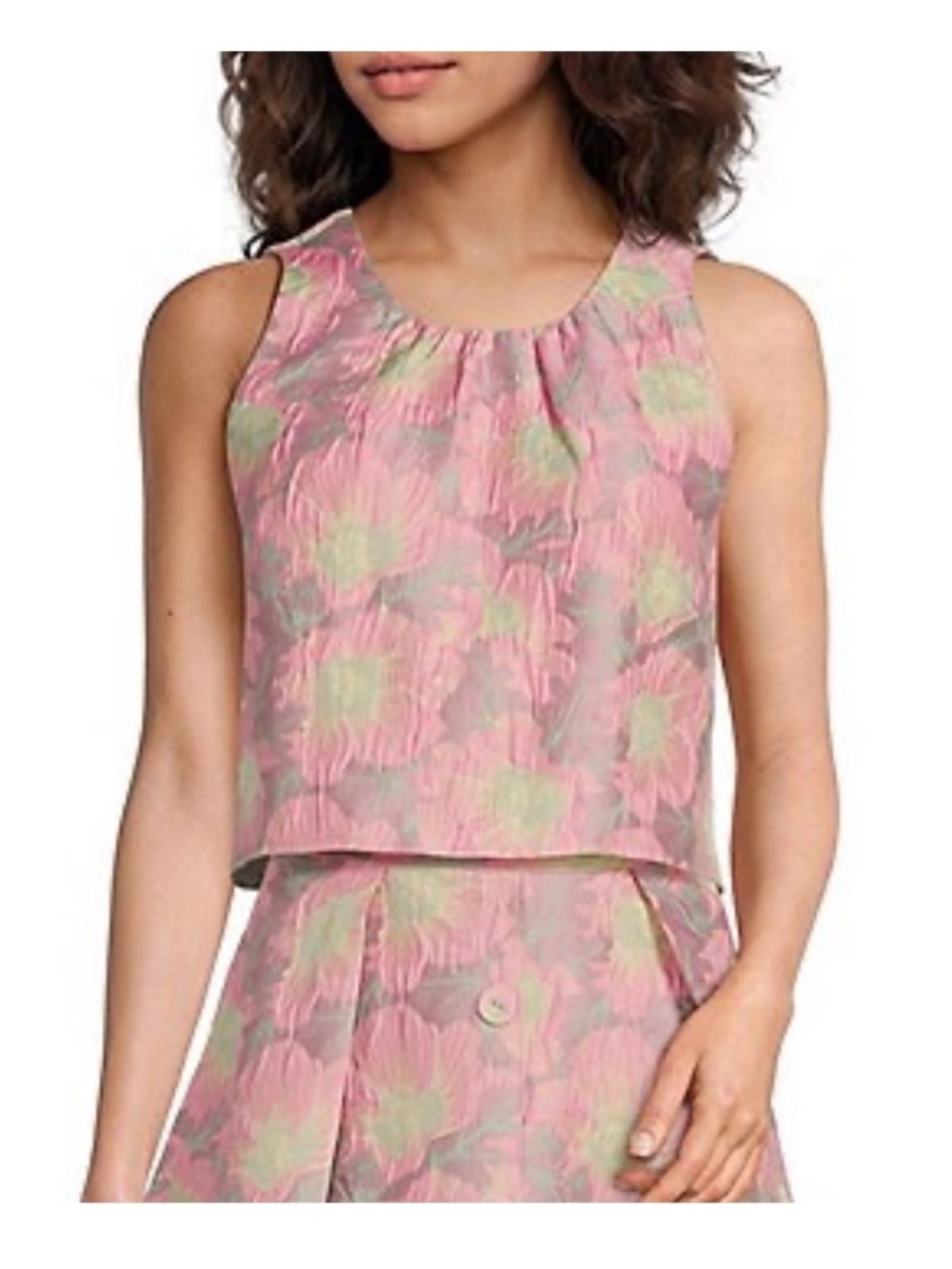 NWT Abbey Glass Pink Paradise Floral jacquard Sleeveless shell Crop Top Sz L